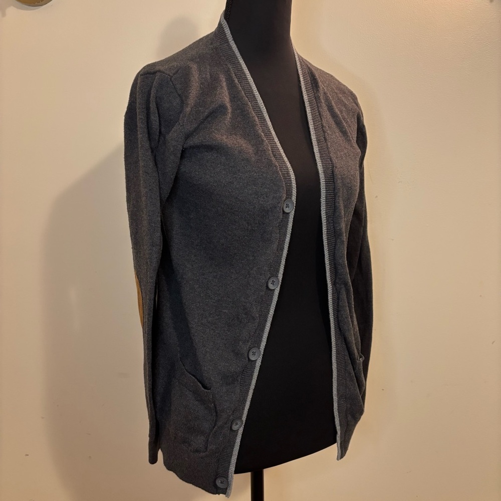 Gray Button-Up Cardigan with Suede Elbow Pads